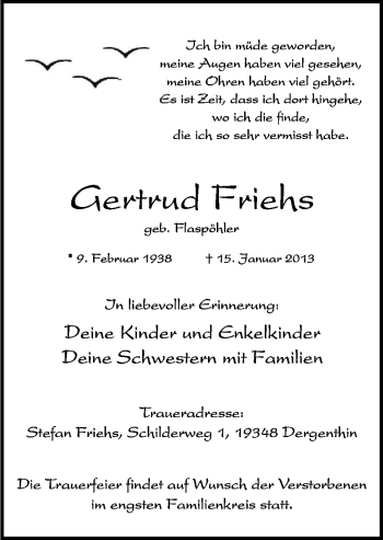 Traueranzeige von Gertrud Friehs von Neue Osnabrücker Zeitung GmbH & Co. KG