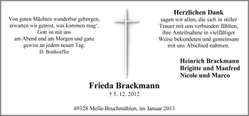 Traueranzeige von Frieda Brackmann von Neue Osnabrücker Zeitung GmbH & Co. KG