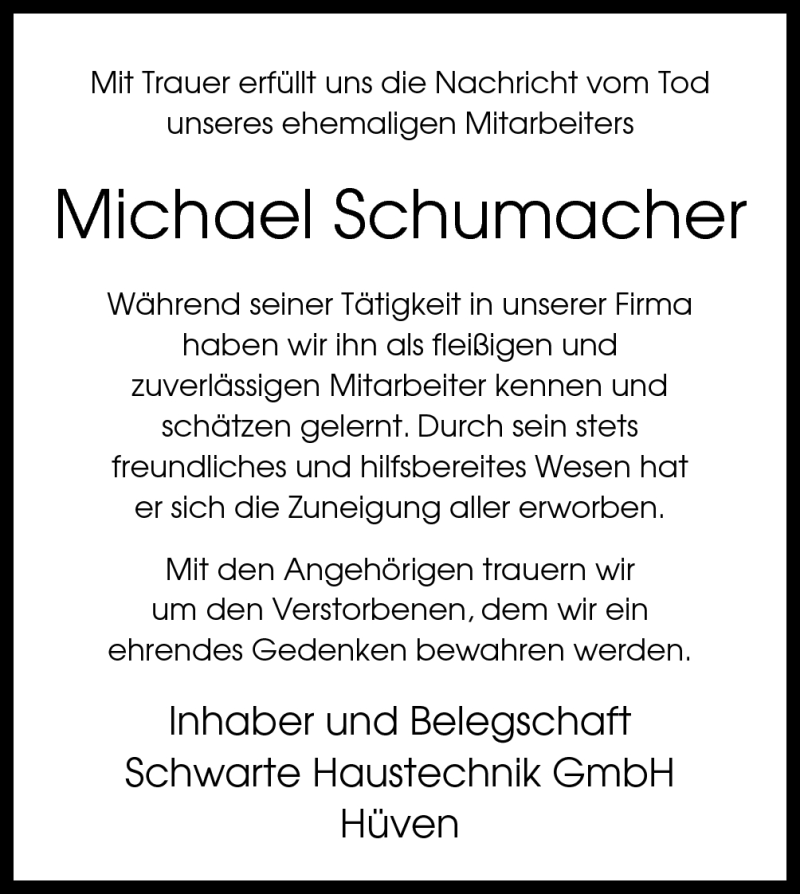  Traueranzeige für Michael Schumacher vom 22.01.2013 aus Neue Osnabrücker Zeitung GmbH & Co. KG
