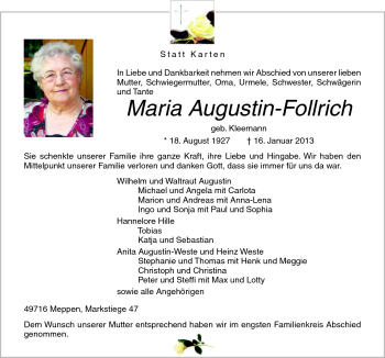 Traueranzeige von Maria Augustin-Follrich von Neue Osnabrücker Zeitung GmbH & Co. KG