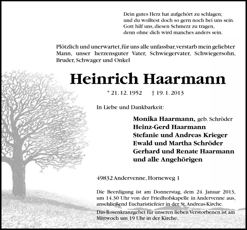  Traueranzeige für Heinrich Haarmann vom 22.01.2013 aus Neue Osnabrücker Zeitung GmbH & Co. KG