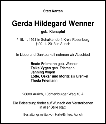 Traueranzeige von Gerda Hildegard Wenner von Neue Osnabrücker Zeitung GmbH & Co. KG
