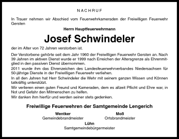 Traueranzeige von Josef Schwindeler von Neue Osnabrücker Zeitung GmbH & Co. KG