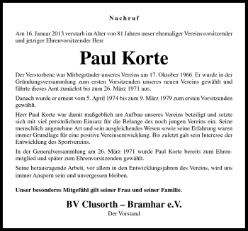 Traueranzeige von Paul Korte von Neue Osnabrücker Zeitung GmbH & Co. KG