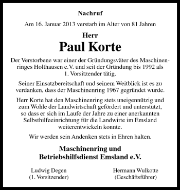 Traueranzeige von Paul Korte von Neue Osnabrücker Zeitung GmbH & Co. KG