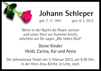 Traueranzeige von Johann Schleper von Neue Osnabrücker Zeitung GmbH & Co. KG