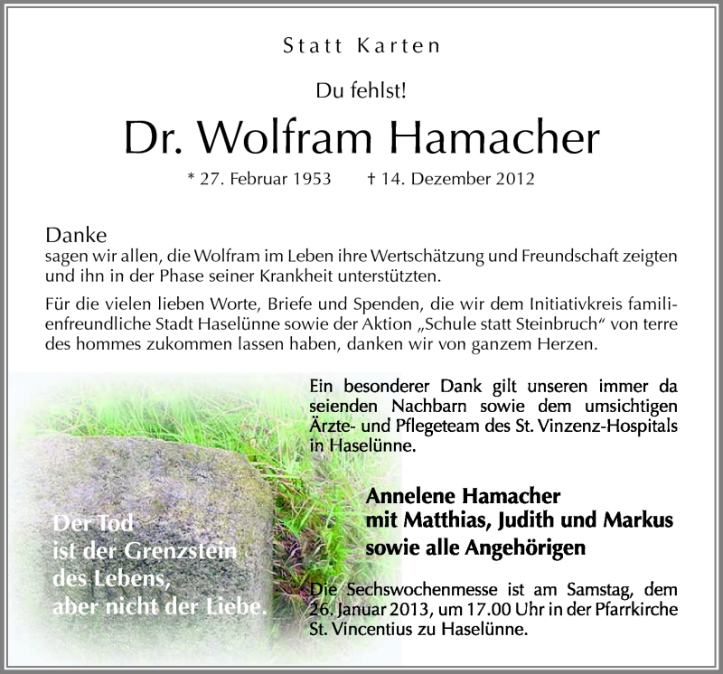  Traueranzeige für Wolfram Hamacher vom 23.01.2013 aus Neue Osnabrücker Zeitung GmbH & Co. KG