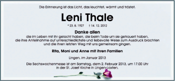 Traueranzeige von Leni Thale von Neue Osnabrücker Zeitung GmbH & Co. KG