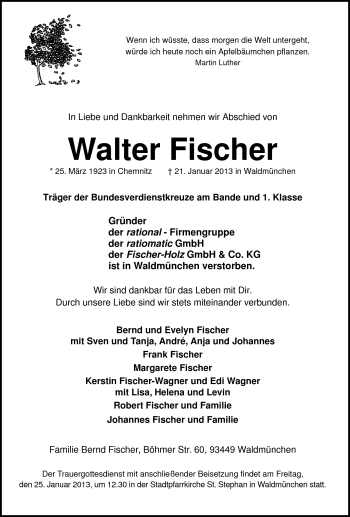 Traueranzeige von Walter Fischer von Neue Osnabrücker Zeitung GmbH & Co. KG