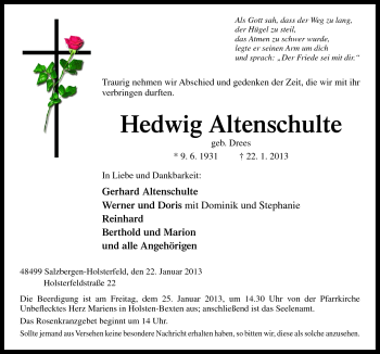 Traueranzeige von Hedwig Altenschulte von Neue Osnabrücker Zeitung GmbH & Co. KG