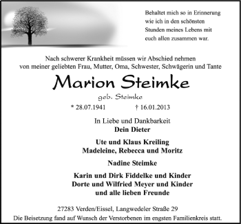 Traueranzeige von Marion Steimke von Neue Osnabrücker Zeitung GmbH & Co. KG