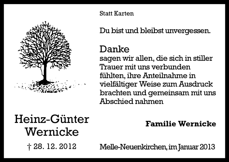  Traueranzeige für Heinz-Günter Wernicke vom 26.01.2013 aus Neue Osnabrücker Zeitung GmbH & Co. KG