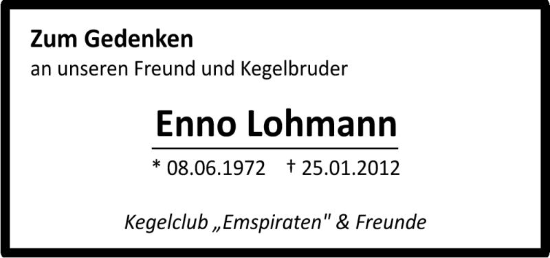  Traueranzeige für Enno Lohmann vom 25.01.2013 aus Neue Osnabrücker Zeitung GmbH & Co. KG