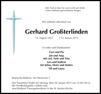 Traueranzeige von Gerhard Großterlinden von Neue Osnabrücker Zeitung GmbH & Co. KG