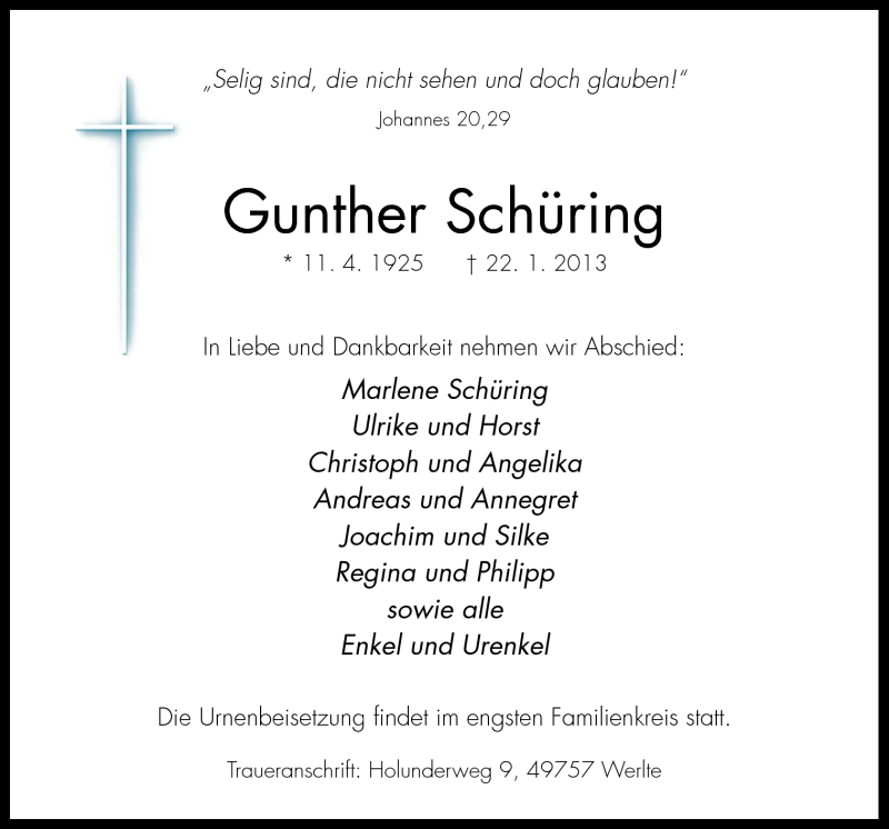  Traueranzeige für Gunther Schüring vom 26.01.2013 aus Neue Osnabrücker Zeitung GmbH & Co. KG