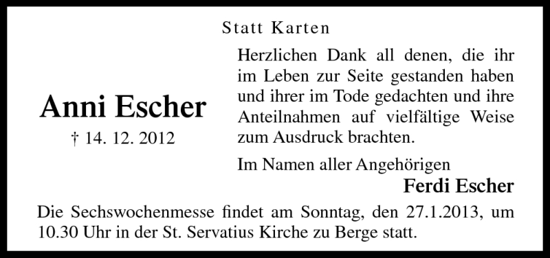  Traueranzeige für Anni Escher vom 26.01.2013 aus Neue Osnabrücker Zeitung GmbH & Co. KG