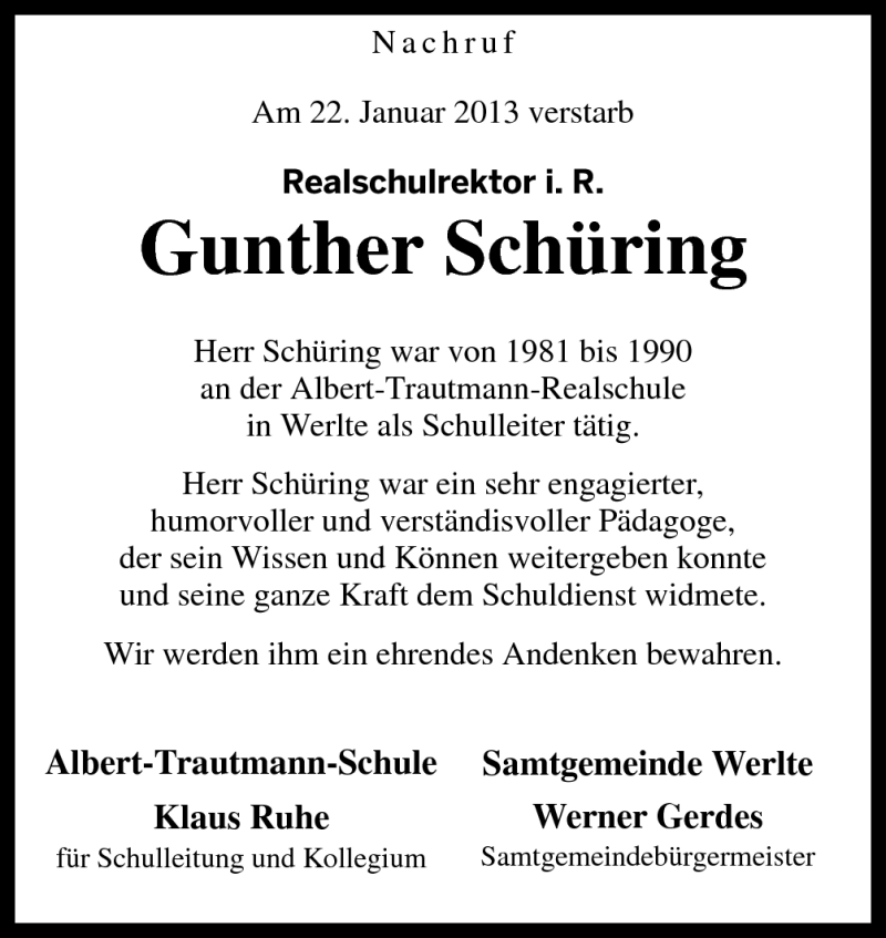  Traueranzeige für Gunther Schüring vom 26.01.2013 aus Neue Osnabrücker Zeitung GmbH & Co. KG