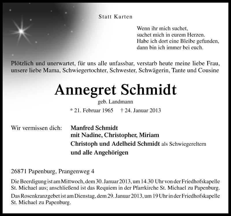  Traueranzeige für Annegret Schmidt vom 28.01.2013 aus Neue Osnabrücker Zeitung