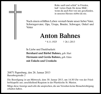 Traueranzeige von Anton Bahnes von Neue Osnabrücker Zeitung