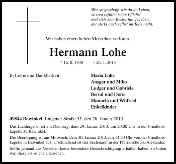 Traueranzeige von Hermann Lohe von Neue Osnabrücker Zeitung