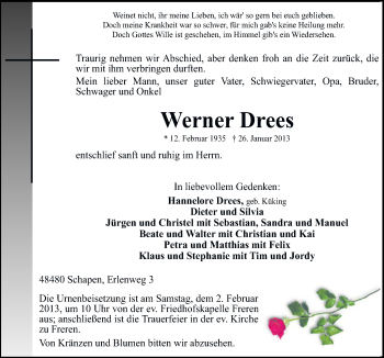Traueranzeige von Werner Drees von Neue Osnabrücker Zeitung