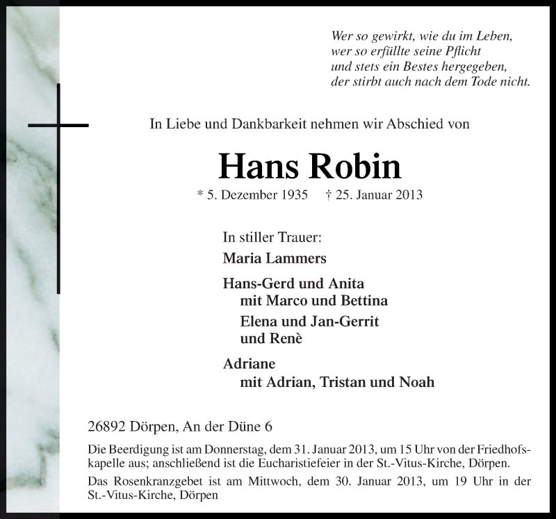  Traueranzeige für Hans Robin vom 28.01.2013 aus Neue Osnabrücker Zeitung