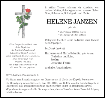 Traueranzeige von Helene Janzen von Neue Osnabrücker Zeitung