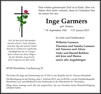 Traueranzeige von Inge Garmers von Neue Osnabrücker Zeitung GmbH & Co. KG
