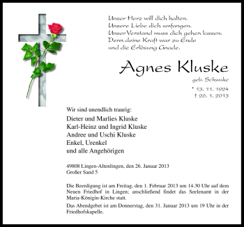 Traueranzeige von Agnes Kluske von Neue Osnabrücker Zeitung GmbH & Co. KG