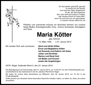 Traueranzeige von Maria Kötter von Neue Osnabrücker Zeitung GmbH & Co. KG
