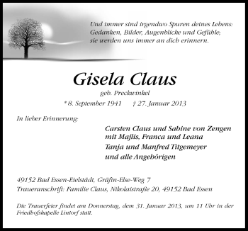 Traueranzeige von Gisela Claus von Neue Osnabrücker Zeitung GmbH & Co. KG