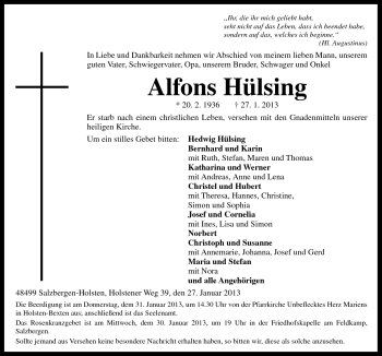 Traueranzeige von Alfons Hülsing von Neue Osnabrücker Zeitung GmbH & Co. KG