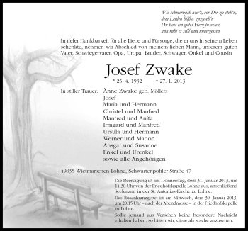 Traueranzeige von Josef Zwake von Neue Osnabrücker Zeitung GmbH & Co. KG