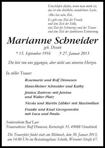 Traueranzeige von Marianne Schneider von Neue Osnabrücker Zeitung GmbH & Co. KG