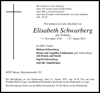 Traueranzeige von Elisabeth Schwarberg von Neue Osnabrücker Zeitung GmbH & Co. KG
