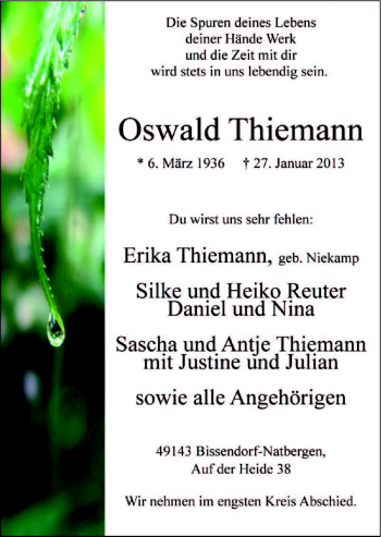 Traueranzeige von Oswald Thiemann von Neue Osnabrücker Zeitung GmbH & Co. KG