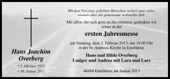 Traueranzeige von Hans Joachim Overberg von Neue Osnabrücker Zeitung GmbH & Co. KG
