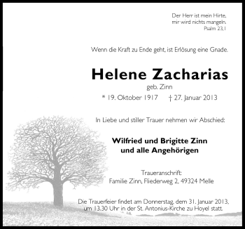 Traueranzeige von Helene Zacharias von Neue Osnabrücker Zeitung GmbH & Co. KG