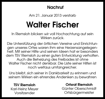 Traueranzeige von Walter Fischer von Neue Osnabrücker Zeitung GmbH & Co. KG
