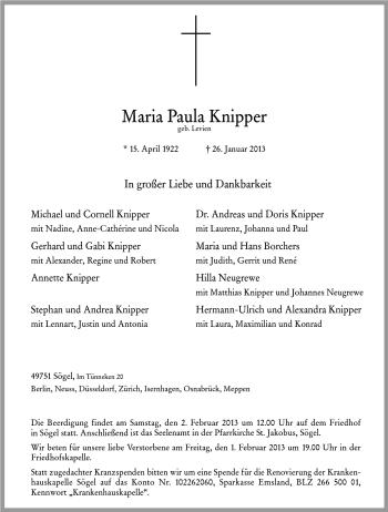 Traueranzeige von Maria Paula Knipper von Neue Osnabrücker Zeitung GmbH & Co. KG