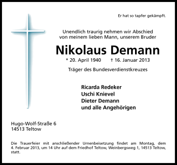 Traueranzeige von Nikolaus Demann von Neue Osnabrücker Zeitung GmbH & Co. KG