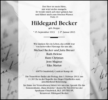 Traueranzeige von Hildegard Becker von Neue Osnabrücker Zeitung GmbH & Co. KG