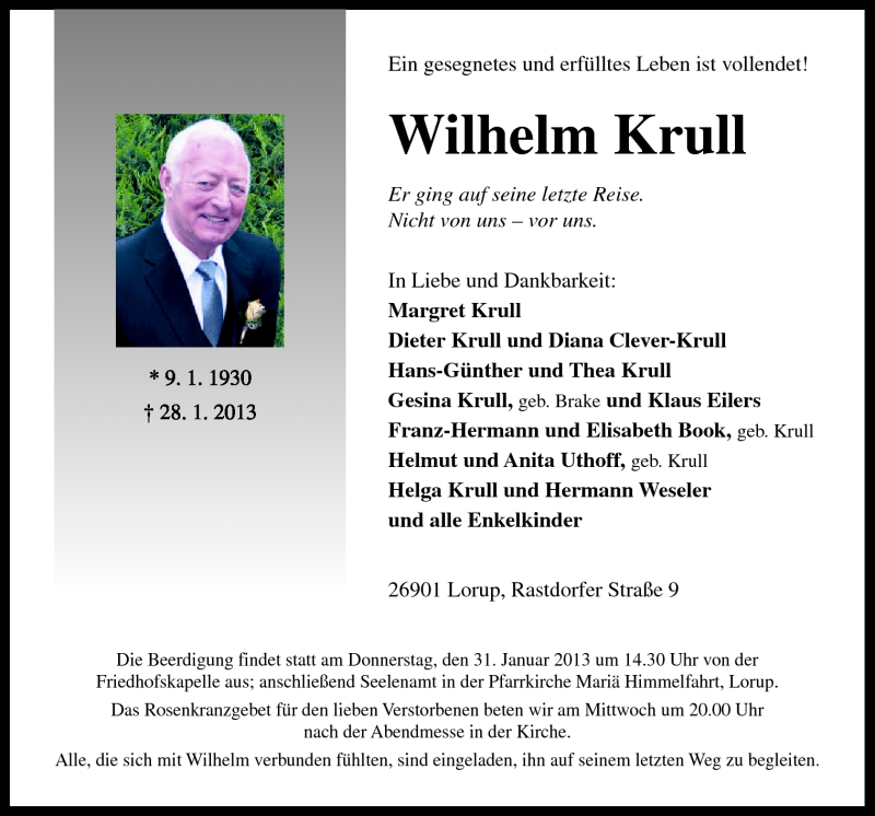  Traueranzeige für Wilhelm Krull vom 30.01.2013 aus Neue Osnabrücker Zeitung GmbH & Co. KG