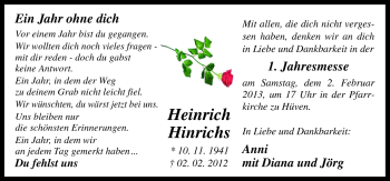 Traueranzeige von Heinrich Hinrichs von Neue Osnabrücker Zeitung GmbH & Co. KG