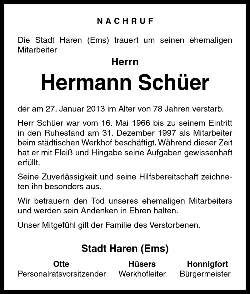  Traueranzeige für Hermann Schüer vom 30.01.2013 aus Neue Osnabrücker Zeitung GmbH & Co. KG