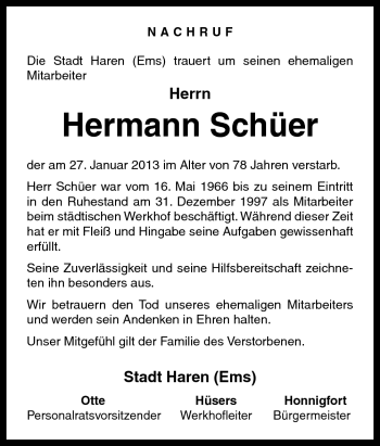 Traueranzeige von Hermann Schüer von Neue Osnabrücker Zeitung GmbH & Co. KG