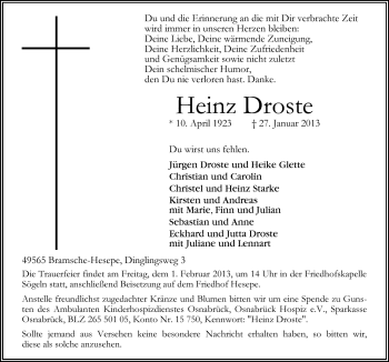 Traueranzeige von Heinz Droste von Neue Osnabrücker Zeitung GmbH & Co. KG