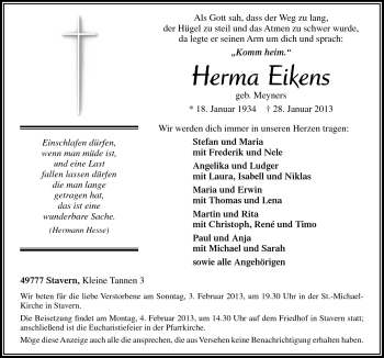 Traueranzeige von Herma Eikens von Neue Osnabrücker Zeitung GmbH & Co. KG