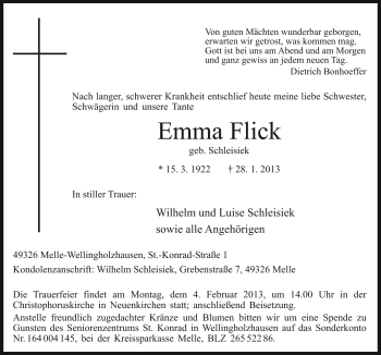 Traueranzeige von Emma Flick von Neue Osnabrücker Zeitung GmbH & Co. KG