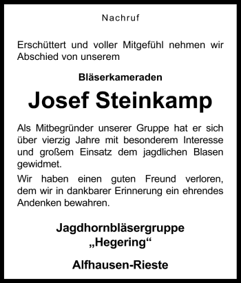Traueranzeige von Josef Steinkamp von Neue Osnabrücker Zeitung GmbH & Co. KG